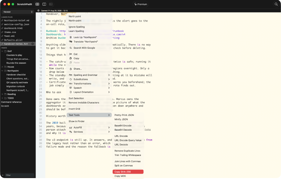 A context menu open in ScratchPadIt with the Text Tools submenu showing options such as Pretty-Print JSON, Base64 encode, URL encode and Trim Trailing Whitespace